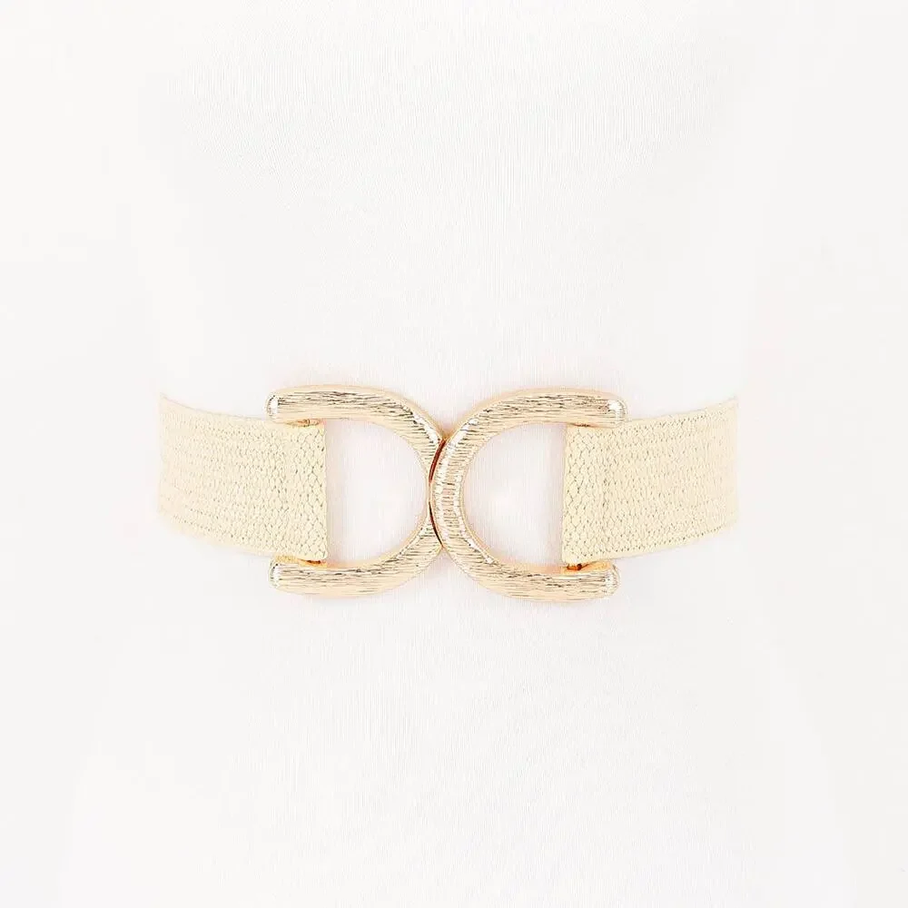 Straw Wide Dual Buckle Elastic Belt - Ivory/Gold